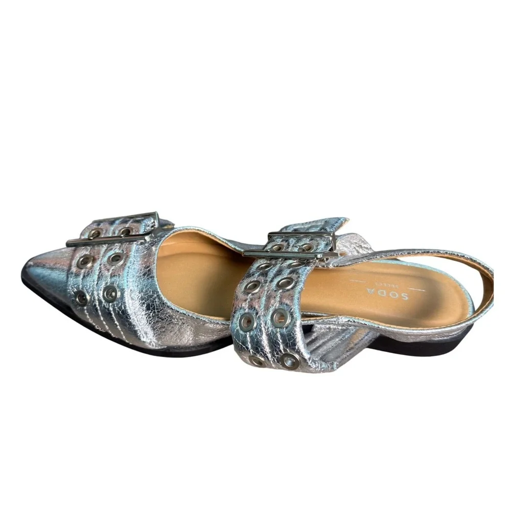 Womens Y2K Chunky Buckle Ballet Flats Size 8 Ballerina Slingback Metallic Silver